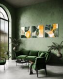 Lot de trois œuvres d'art abstraites carrées, vertes et dorées sur toile