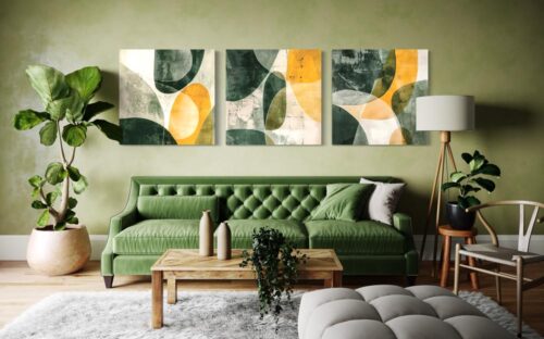Lot de trois œuvres d'art abstraites carrées, vertes et dorées sur toile – Image 2