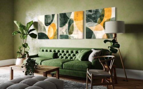 Lot de trois œuvres d'art abstraites carrées, vertes et dorées sur toile – Image 4