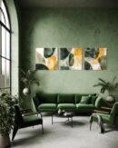 Lot de trois œuvres d'art abstraites carrées, vertes et dorées sur toile