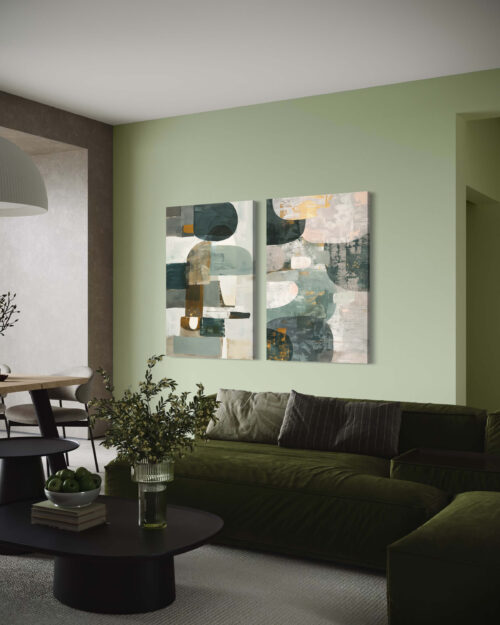 Lot de deux œuvres d'art abstraites rectangulaires - nuances de vert – Image 2